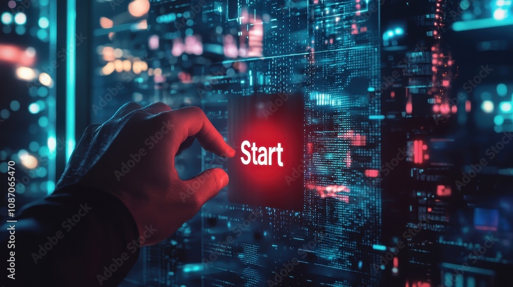 Poster futuristic hand pressing start button on digital interface with neon lights and data visualizations 
