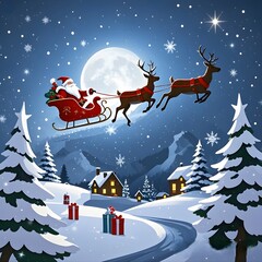 Silhouette Illustration of Santa Flying Over the Moon, Christmas, White Background, New Year, Ai Generative