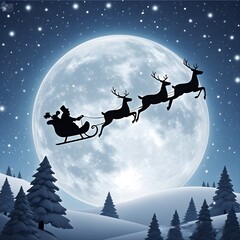 Silhouette Illustration of Santa Flying Over the Moon, Christmas, White Background, New Year, Ai Generative