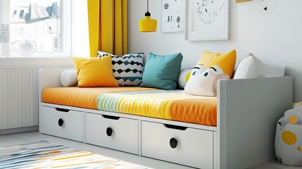 Bright and Cozy Living Room with Modern Daybed, Colorful Cushions, and Stylish Decor in a Chic Interior Setting