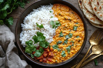 Delicious indian lentil dal with basmati rice, tomato chutney and naan bread garnished with cilantro
