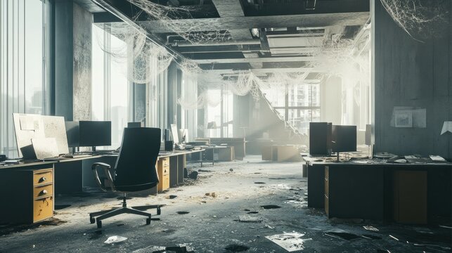 Deserted office space with dust, debris, cobwebs, and broken windows.