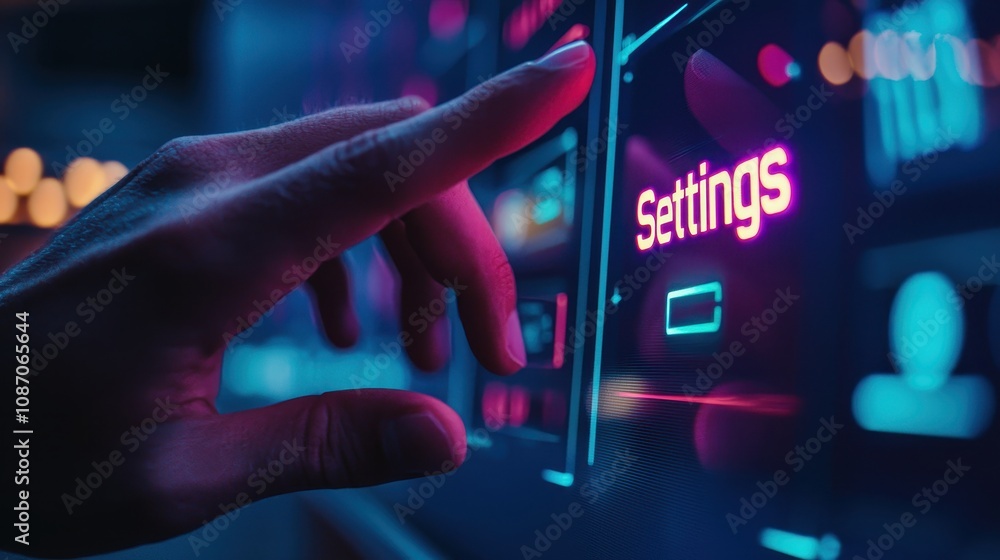 Poster futuristic hand interacting with digital control interface featuring brightly lit settings button on