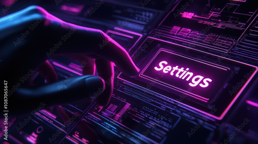 Poster a close-up view of a hand interacting with a futuristic digital interface highlighting settings in b