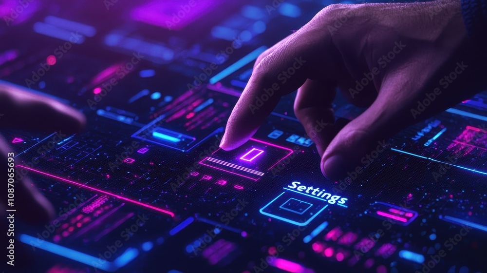 Poster hands interacting with futuristic user interface touchscreen display featuring neon colors, abstract