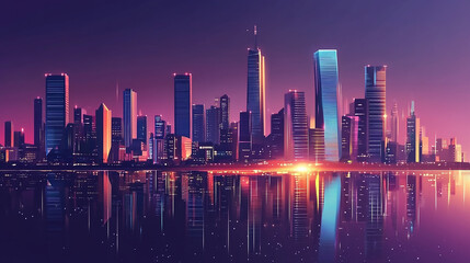 Fototapeta premium A futuristic city skyline with skyscrapers reaching towards a vibrant purple sky at dusk Vibrant futuristic city at sunset, colorful skyscrapers with sleek windows, modern design, dynamic illustration