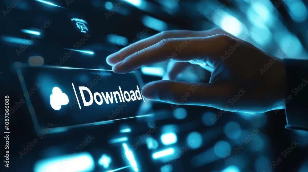 Poster hand reaching for download button on computer screen surrounded by soft blue light, symbolizing tech