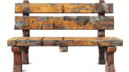 Weathered wooden park bench isolated on white background.