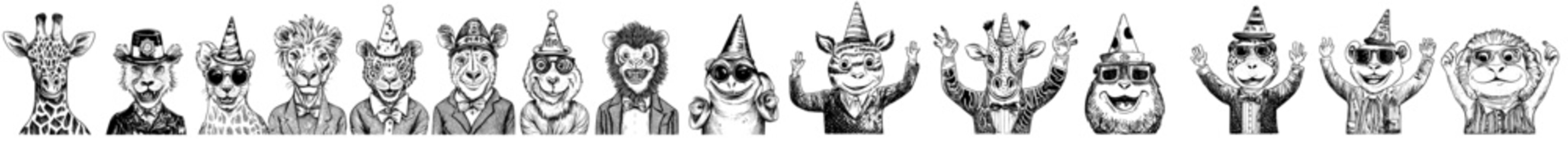 Animated animals with funny faces. Sassy stylish avatars with giraffes, frogs, cats, dogs, monkeys in funky fashion. Isolated flat modern illustrations on white.