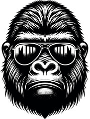 Gorilla Face with Aviator Sunglasses - Vector Black Silhouette Cricut Design for T-Shirt