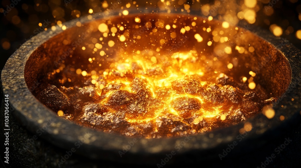 Aufkleber a glowing pot filled with molten material, surrounded by sparkling particles, creating an enchanting