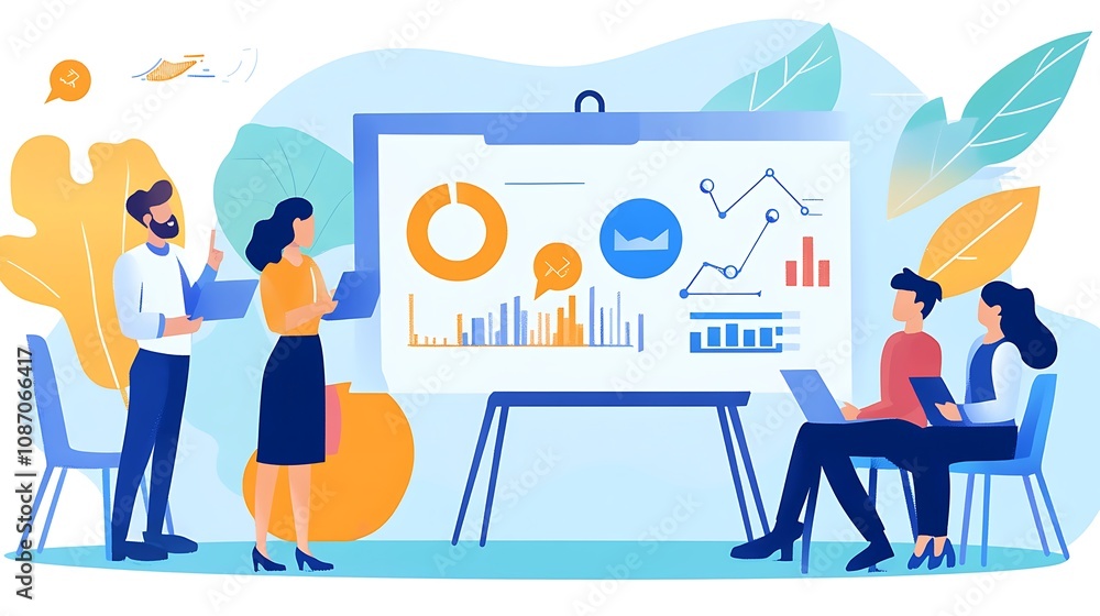 Aufkleber business team analyzing data charts and graphs on a whiteboard during a presentation.