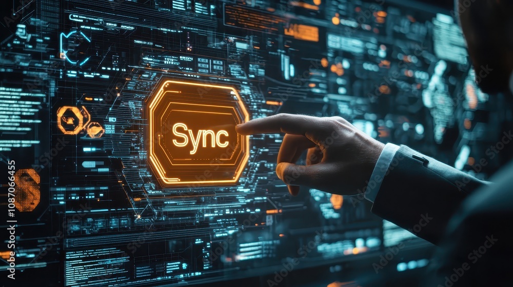 Poster futuristic hand interacting with a digital user interface displaying sync function in a high-tech la