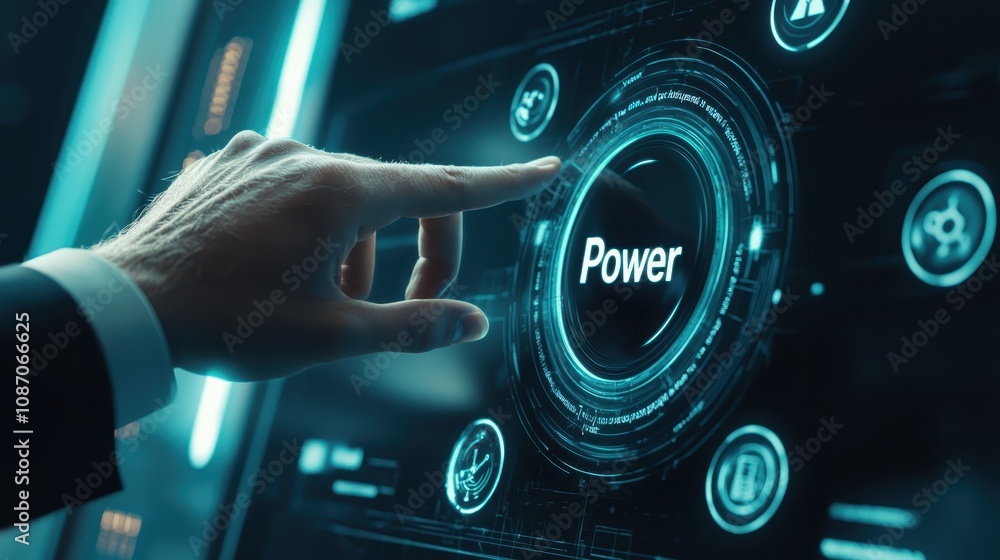 Poster close-up of a hand interacting with a high-tech touchscreen display featuring the word power with fu