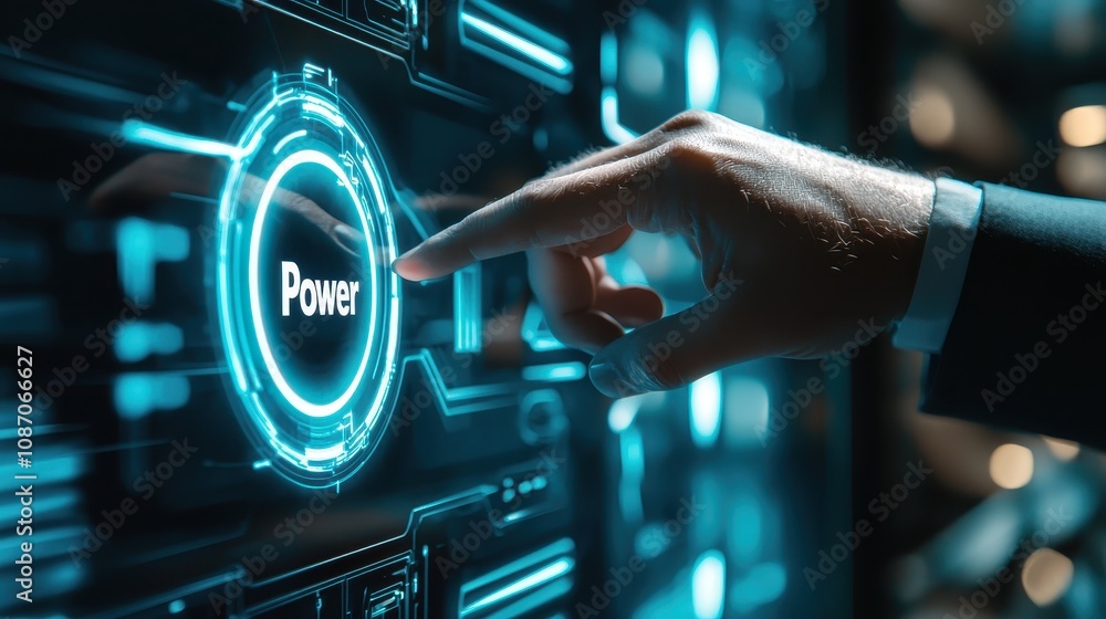 Poster futuristic hand touching power button on a digital interface with neon blue glow and technology elem