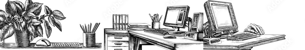 Poster an isolated white background shows a desk with an empty chair, a desktop computer, and a lamp. an il