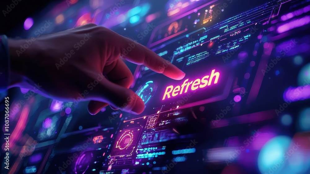 Poster futuristic interface with hand pressing refresh button in a high-tech digital environment featuring 