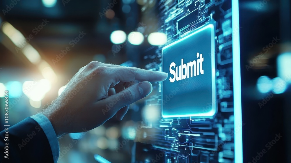 Poster hand touching digital submit button on high-tech interface with futuristic neon design, symbolizing 