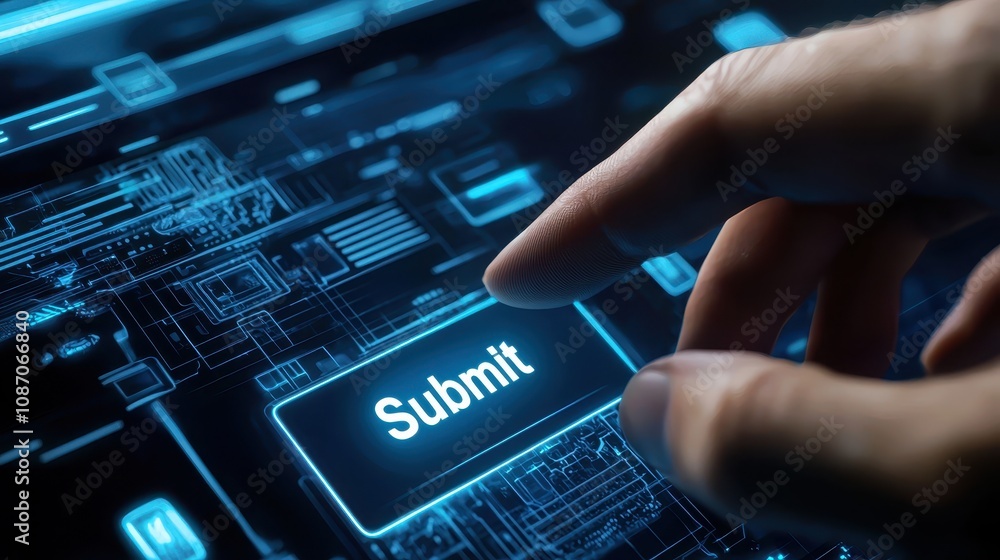 Poster close-up of human finger pressing digital submit button on futuristic touchscreen interface with cir