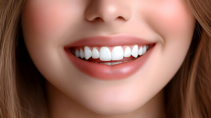 Fototapeta premium Close-up of a Woman's Smile with Perfectly White Teeth and Pink Lips, Showing the Beauty of a Healthy Smile