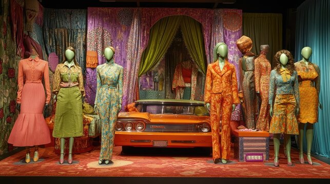 Vibrant Retro Fashion Display with Colorful Outfits and Classic Car Against Floral Background, Showcasing 1970s Style and Vintage Aesthetics in a Unique Presentation