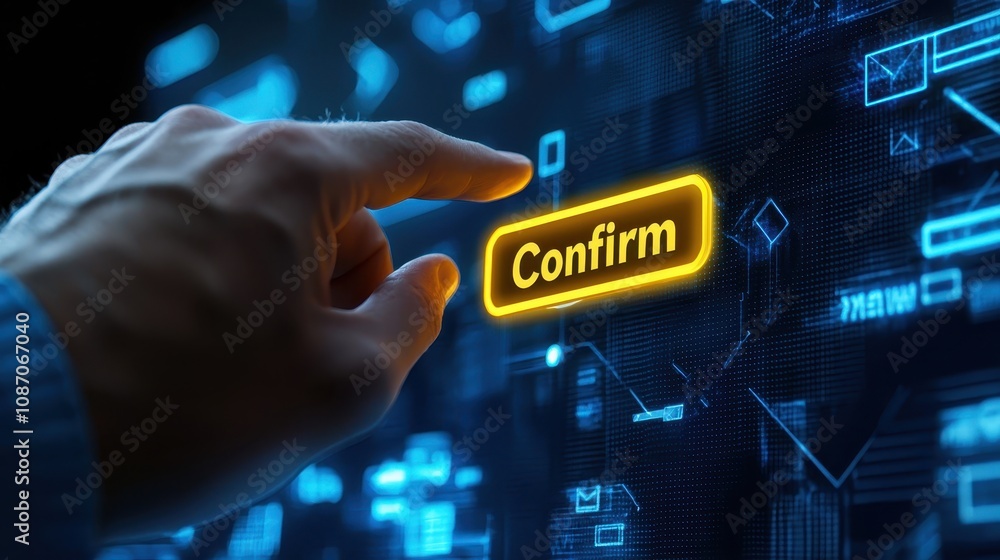 Poster hand reaching for a bright yellow confirm button on a dark background with glowing digital elements 