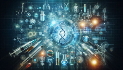 Scientific visualization of DNA with futuristic medical icons, representing advancements in biotechnology and genetics