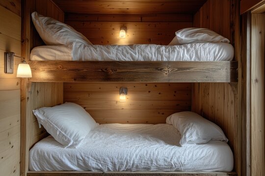 Bunk beds illuminating cozy wooden cabin interior