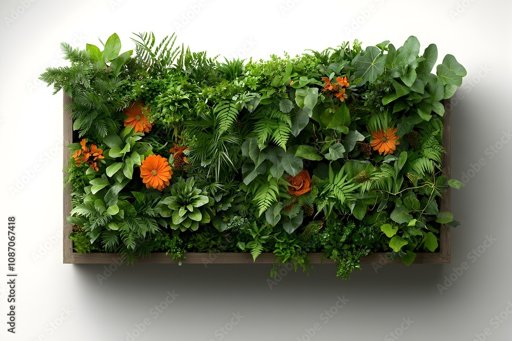 Poster lush vibrant botanical arrangement overflowing with a tapestry of verdant foliage trailing vines and