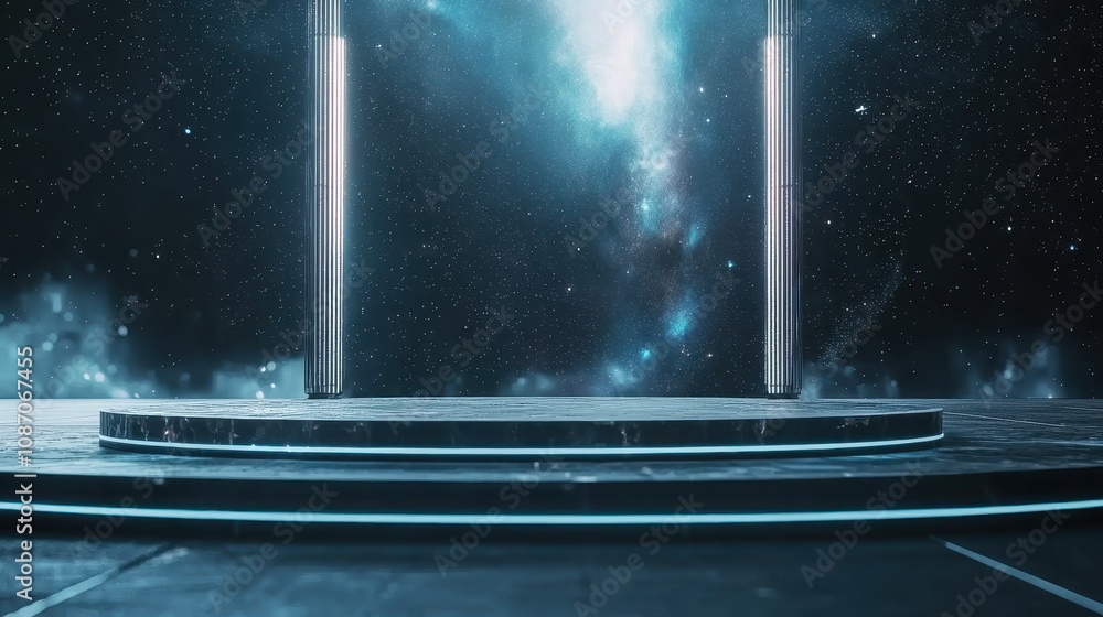 Poster ethereal cosmic stage with glowing columns in a starry background offering a futuristic and inviting