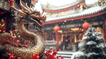 Fototapeta premium Ornate dragon statue with festive red and gold decorations in an urban setting.