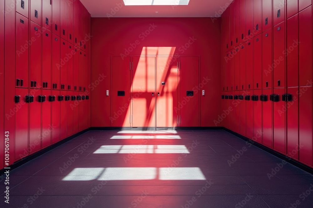 Aufkleber Sunlight streaming into empty red locker room with double door
