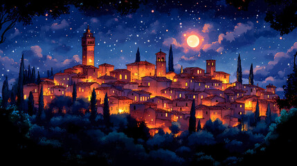 Naklejka premium A cartoon SIDE VIEW of VARIOUS Medieval Buildings with Christmas Decorations, done in watercolor, with soft edges, color gradations, and luminescence.
