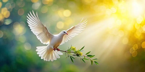 Obraz premium Serene White Dove with Olive Branch in Flight Against a Dreamy Bokeh Background for Peace and Harmony Imagery