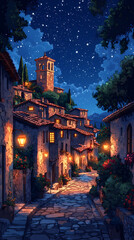 Fototapeta premium A cartoon SIDE VIEW of VARIOUS Medieval Buildings with Christmas Decorations, done in watercolor, with soft edges, color gradations, and luminescence.
