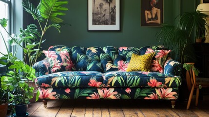 Vibrant Floral Sofa in a Stylish Living Room with Potted Plants and Art Decor, Showcasing a Cozy and Trendy Interior Design Aesthetic