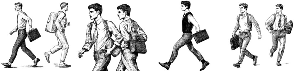 Fototapeta na wymiar Businessman hurrying. Young entrepreneur rushing with briefcase. Businessman, employee in hurry, hurrying. Office worker rushing. Flat modern illustration isolated on white.