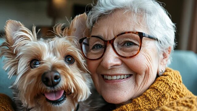 A cheerful grandma taking a selfie with her pet, both smiling at the camera, ready to share the cute moment online.