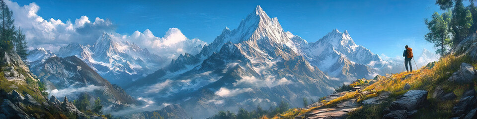 Fototapeta premium A breathtaking view of mountain peaks in the distance, with a lone hiker studying a well-worn map.