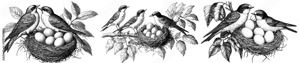 Poster a martin bird sits from a tree branch, spreading its wings to the sides. a swallow nest has little c