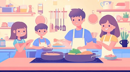 Smart Appliances in Kitchen - A family cooking together, using smart appliances to make meal preparation easier and more efficient.