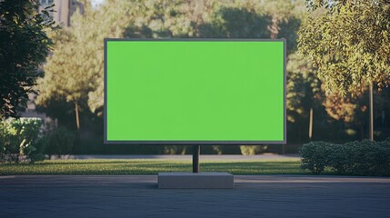 Obraz premium A large green screen billboard stands in a park surrounded by trees, providing a blank canvas for advertisements or digital displays.