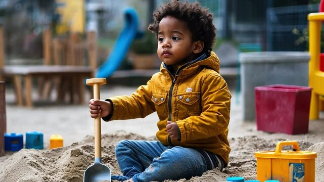 A child sitting in an empty sandbox with a shovel in hand, drawing patterns in the sand absentmindedly, looking for something else to do.