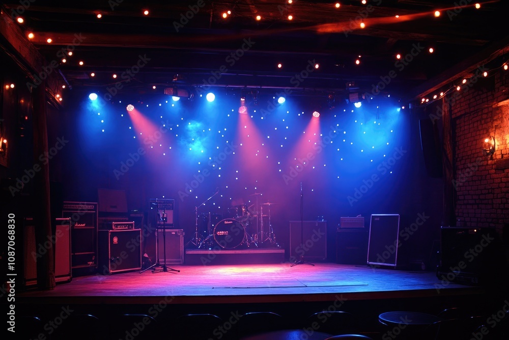 Poster empty stage illuminated by colorful spotlights awaits the band