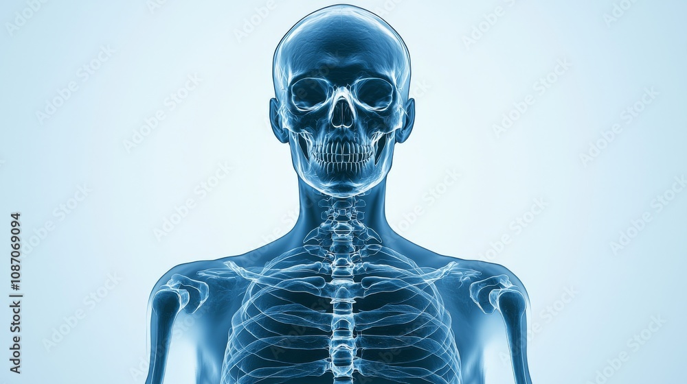Poster a translucent skeletal structure is displayed, illustrating the human anatomy through an x-ray-like 