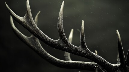 Majestic Close-up of Stag Antlers Against a Dark Background with Raindrops Highlighting the Intricate Texture and Natural Beauty of Wildlife