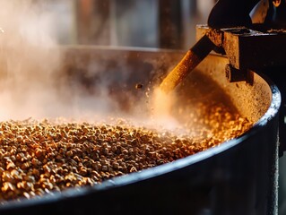 Close-up of a Large Industrial Kettle with Steaming Granules Being Stirred by a Metal Arm in a Modern Manufacturing Plant Environment