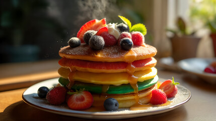 A Mouth-Watering Display of Vibrant Rainbow Pancakes with Glittering Syrup and Fresh Berries in a Cozy Kitchen Atmosphere