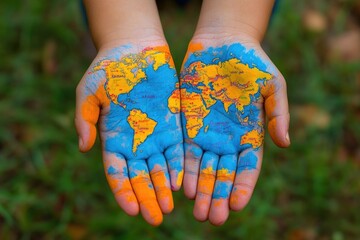 Child showing world map painted on hands representing global awareness