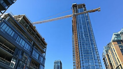 Fototapeta premium Skyscrapers Under Construction with a Crane in the Blue Sky